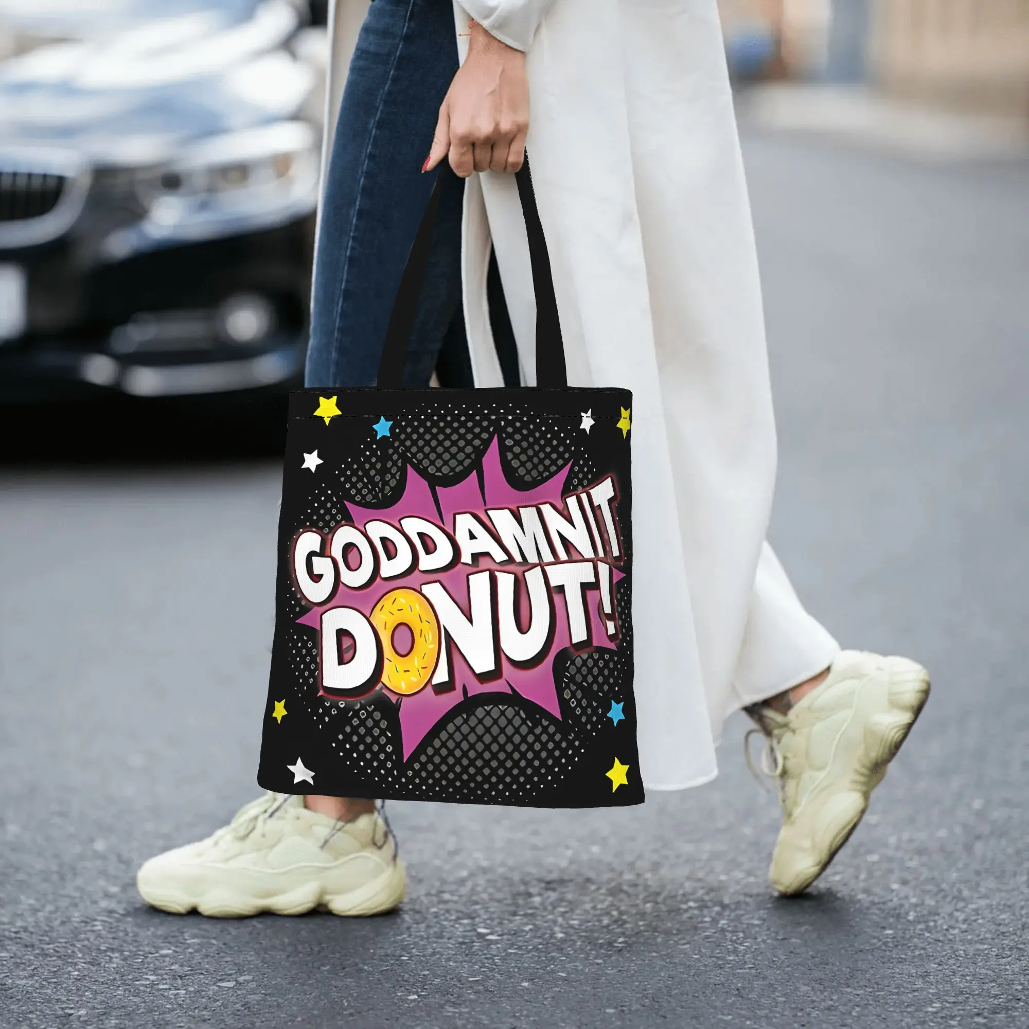 Dungeon Crawler Carl Goddamnit Donut canvas tote bag,  urban style for daily shopping and casual outings