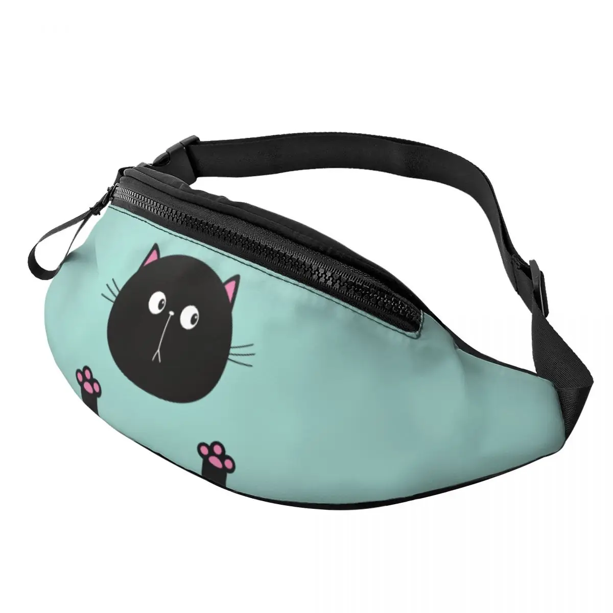 

Custom Funny Black Cat Face Head Fanny Bag Customized Pink Kitten Paw Crossbody Waist Pack Men Women Traveling Phone Money Pouch