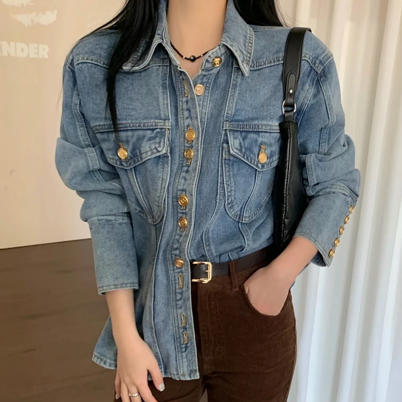 

Винтажная джинсовая куртка, женская куртка с отложным воротником, милая и крутая, новинка 2025, весенняя куртка на пуговицах, пальто, женские модные дизайнерские пальто
