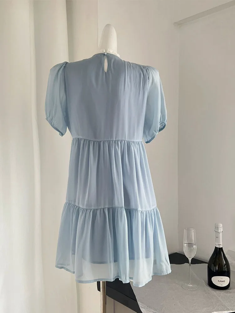 New Design Elegant Blue One-Piece Frocks Sleeveless Women Ruffled A-Line Dress Puff Sleeve Office Lady Birthday Dress Banquet