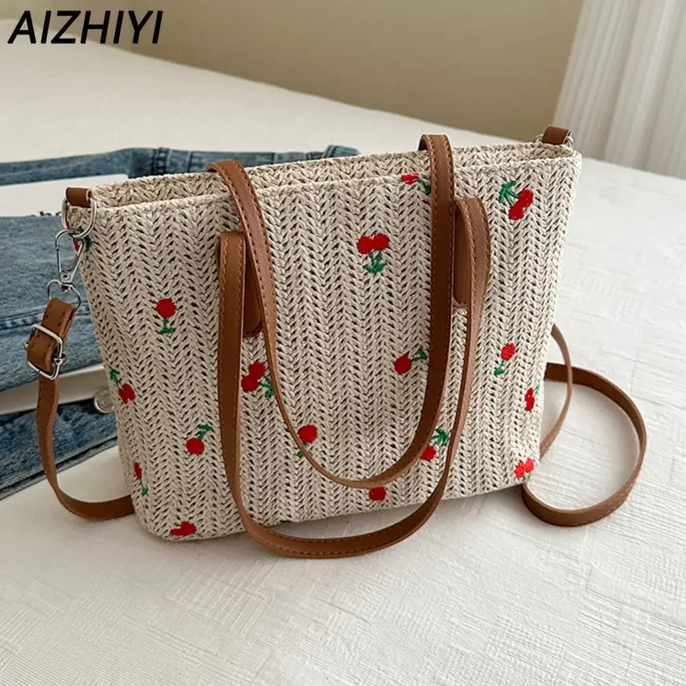 Bolso de mano tejido de paja de cereza para mujer, bolso de hombro de rafia de playa, bolso de mano de ratán, monederos elegantes, bolso cruzado de compras de verano