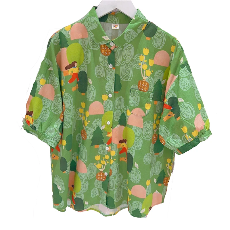 

New Retro Hong Kong Style Cartoon Print Loose Shirt Single Breasted Shirt Women's Summer Short Sleeved Casual Green Top