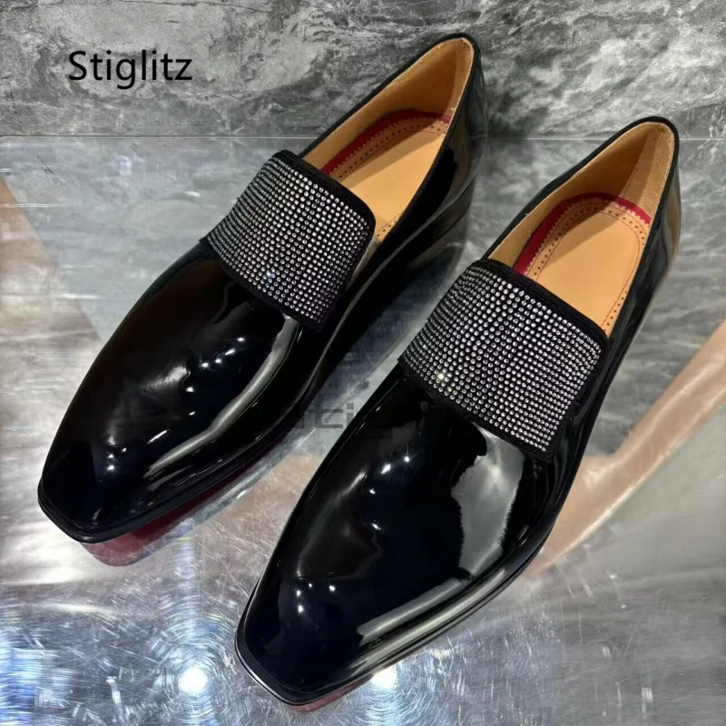 Rhinestone Square Toe Men\'s Dress Shoes Black Bright Leather Business Office Wedding Shoes Slip On Loafers Luxury Mlae Shoes