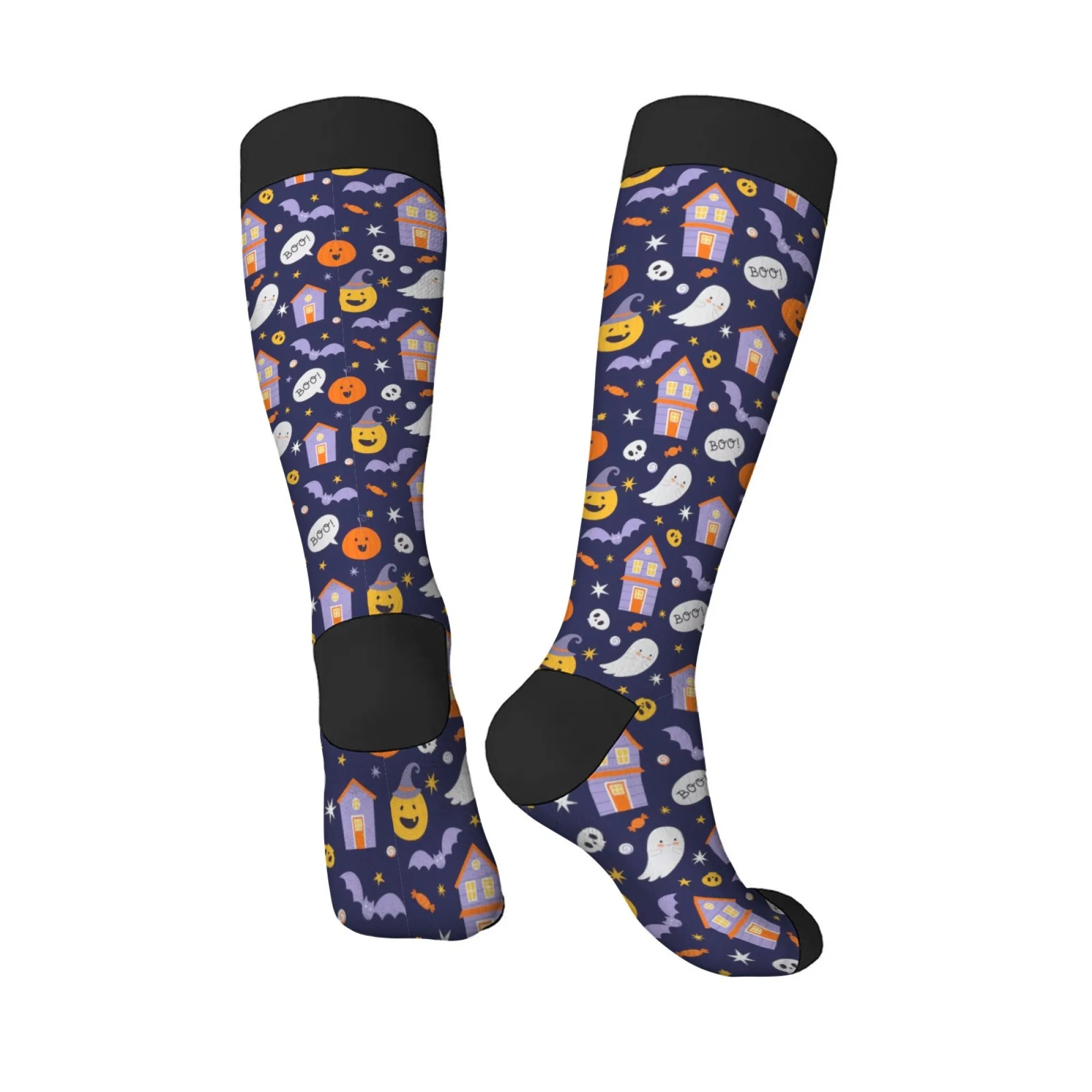 Halloween Fun Cute Cartoon Knee-High Socks Pumpkin Ghost Bat & Haunted House Patterns Dark Blue Palette Spooky Cute Vibe