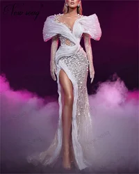 Elegant Pearls Mermaid Evening Dresses Arabic Dubai Off Shoulder Celebrity Party Gowns For Women Split Side Engagement Dress