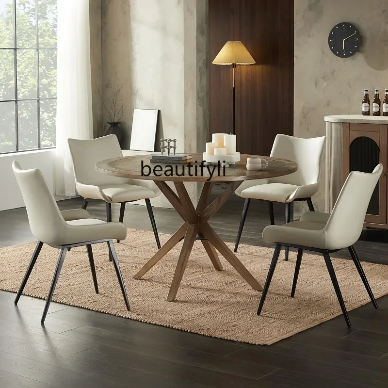 Nordic furniture retro old elm dining table small apartment light luxury household solid wood round dining table