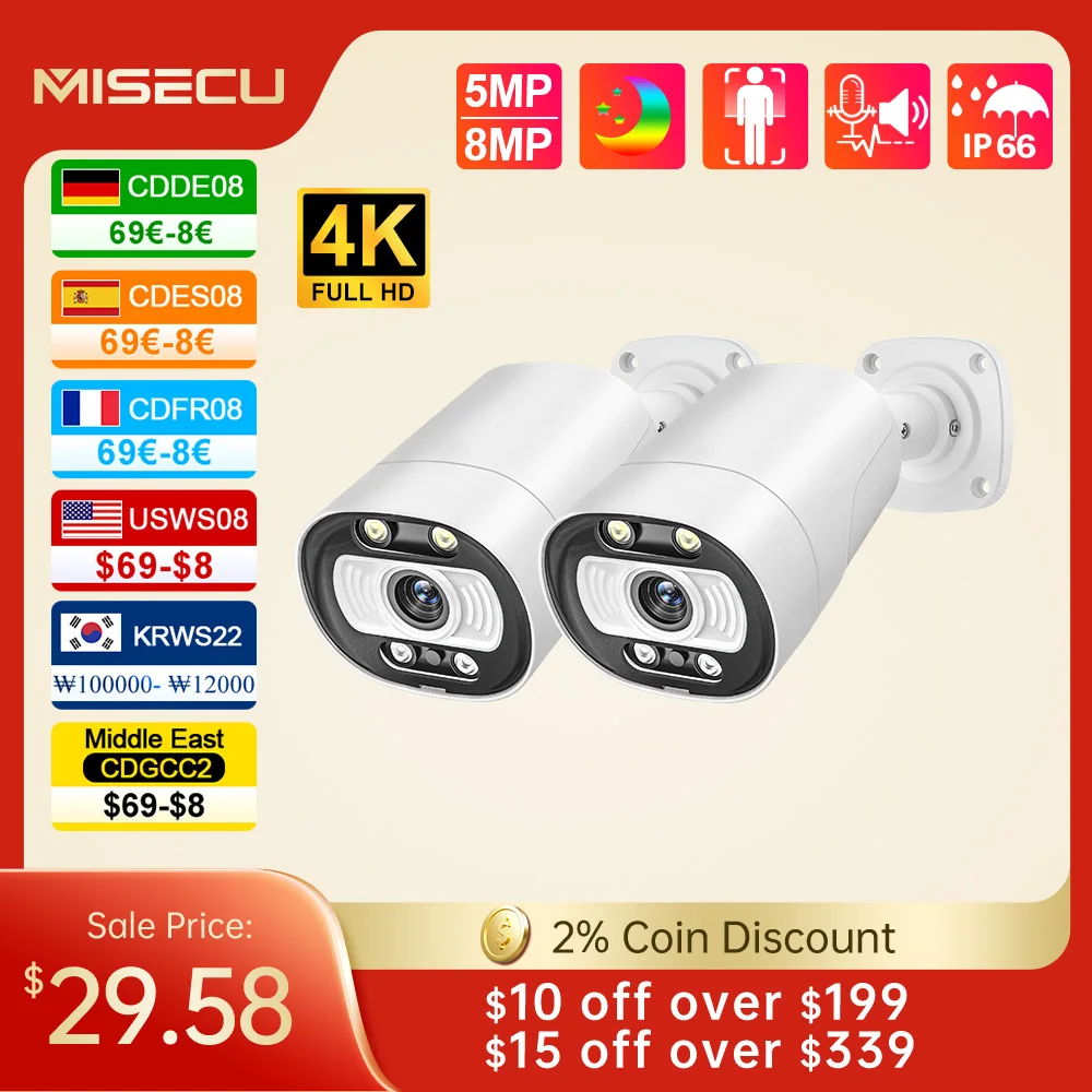 MISECU UHD 8MP 4K Outdoor POE IP Camera AI Smart H.265 Two Way Communication Color Night Vision Home Record Surveillance Camera