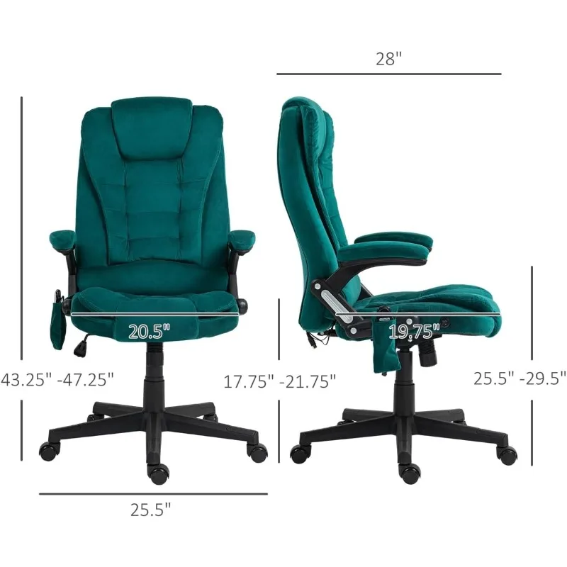 Office Chair with Heating，Ergonomic High-Back Office Chair with 6-Point Vibrating Massage and Heat, Polyester Velvet, Dark Green