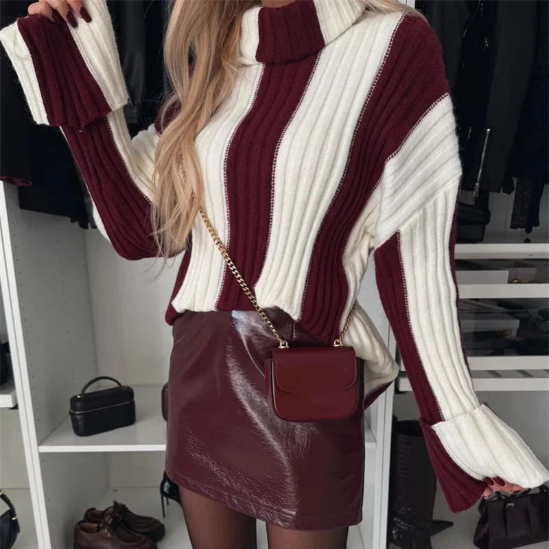 Knitt Turtleneck Sweater Ladies Striped Print Slim Sweater Long Sleeve Pullover Casual Retro Office High Street Autumn Winter