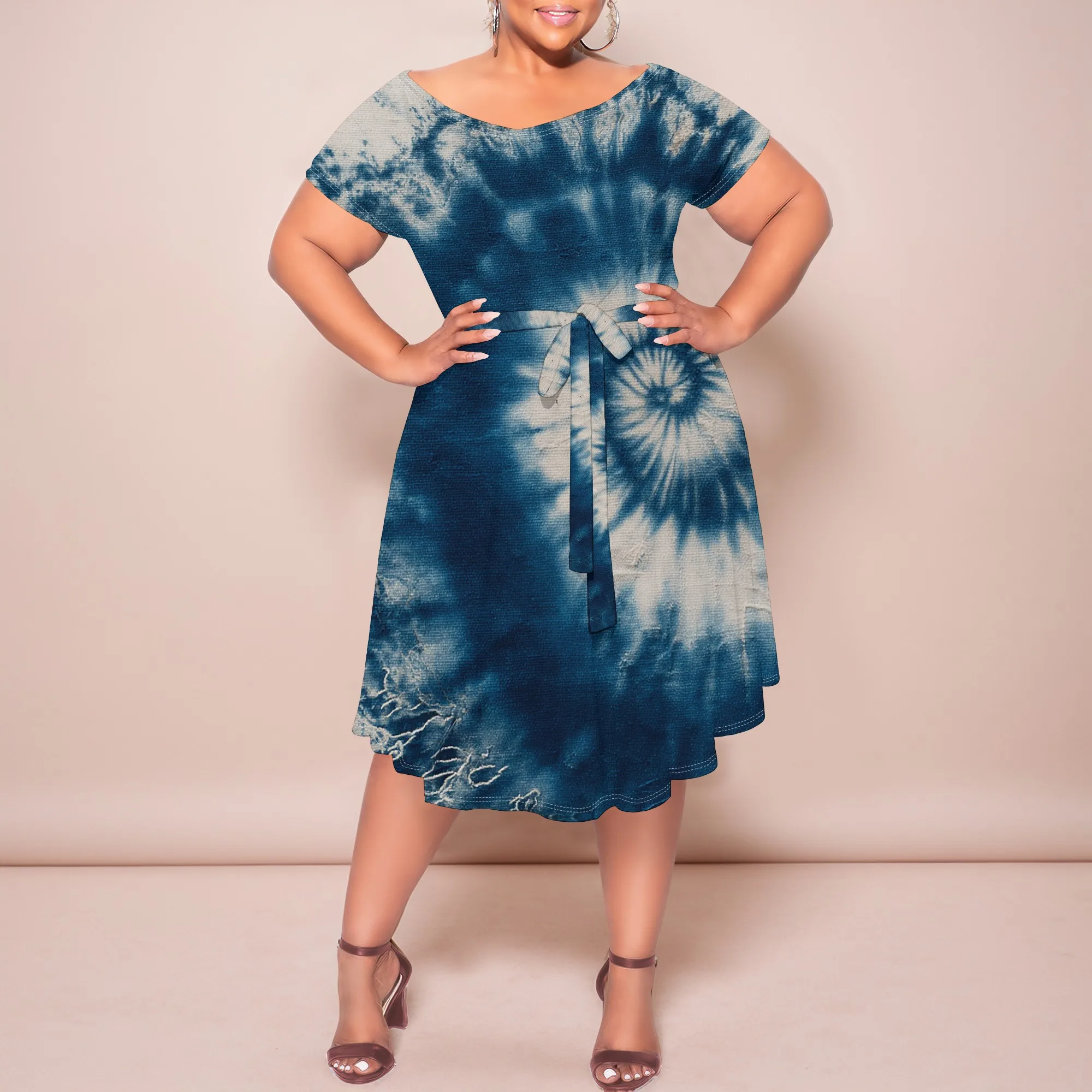 

Plus Size Women's Tie Dye Dress, Off Shoulder V-Neck A-Line Midi Dress with Belt for Casual & Holiday Wear XL-6XL