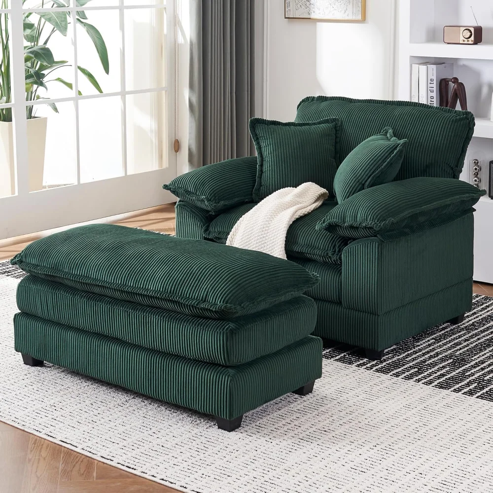 

56.3'' Oversized Chaise Lounge Indoor, Wide Corduroy Single Sofa Chair with Ottoman, Plush Upholstered Deep Seat