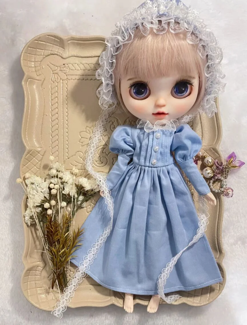 2PCS Retro style clothes blythe doll outfit  sky blue Main skirt/hat 1/6 30cm(Fit for Pullip,Ob22/24/26, Licca)