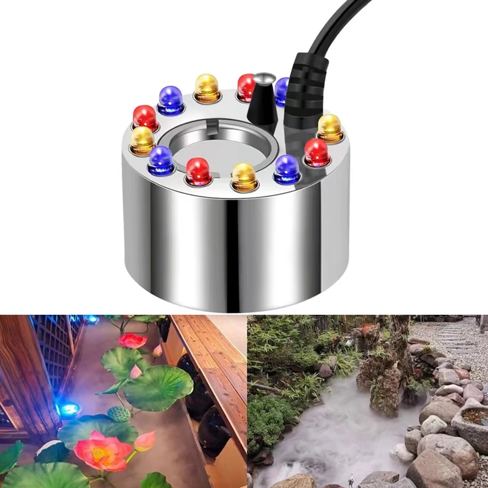 24V Ultrasonic Mist Maker with 12 LED Lights Water Fountain Air Humidifier Mini Fog Machine for Party Landscape Decoration