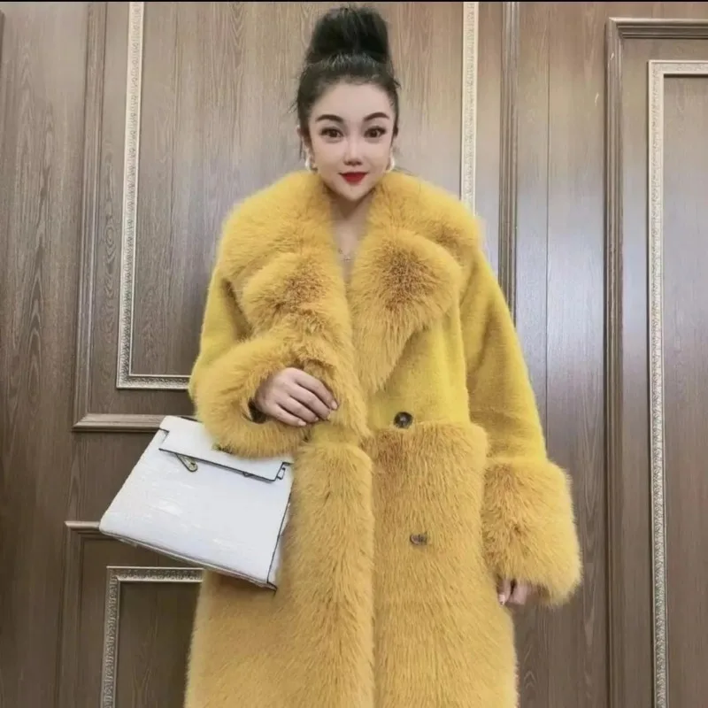 2023 Original Designer New High-end Waist-tightening Fashion and Luxury Ladies Temperament Korean Version of Long Cozy Fur Coat