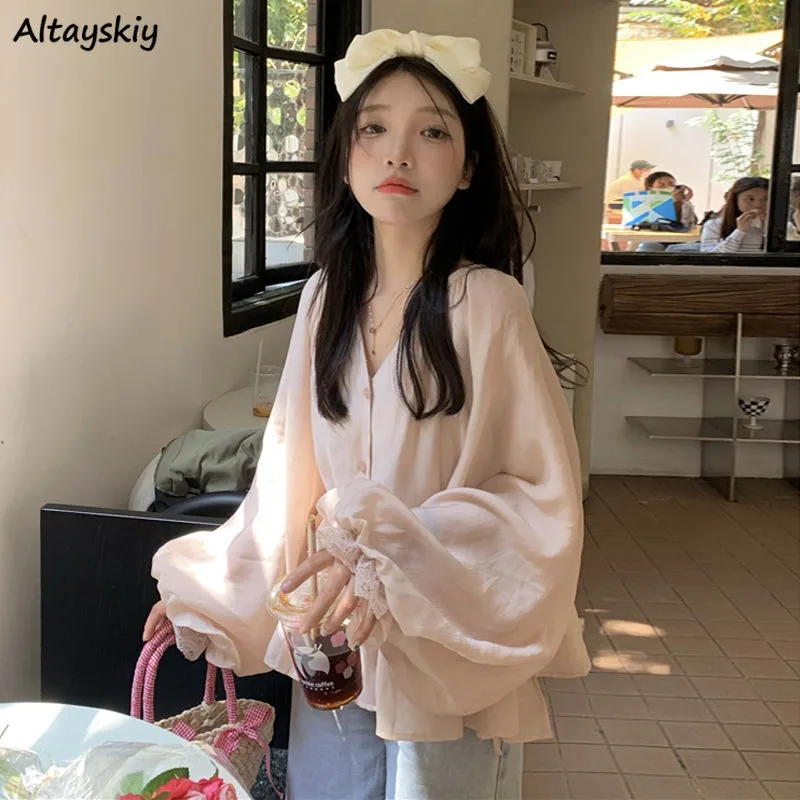 

Lantern Sleeve Loose Shirts Women Sunscreen Leisure Chic Literary Sweet Ladies Breathable Gentle Vintage Vacation Harajuku Daily