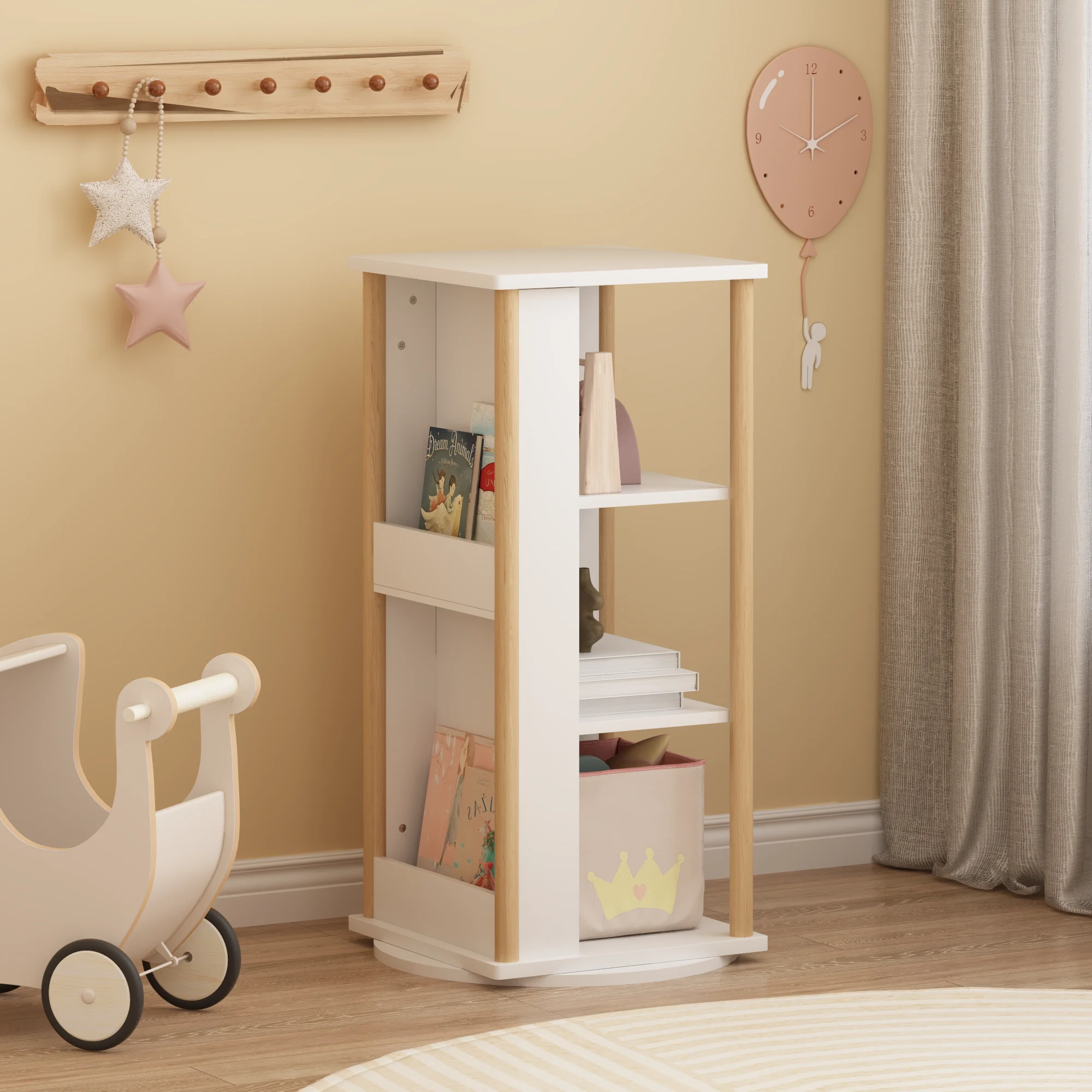 

360° Rotating Bookshelf, 3-Tier Wood Floor Bookcase with Chalkboard, Book Display Stand for Playroom, Nursery