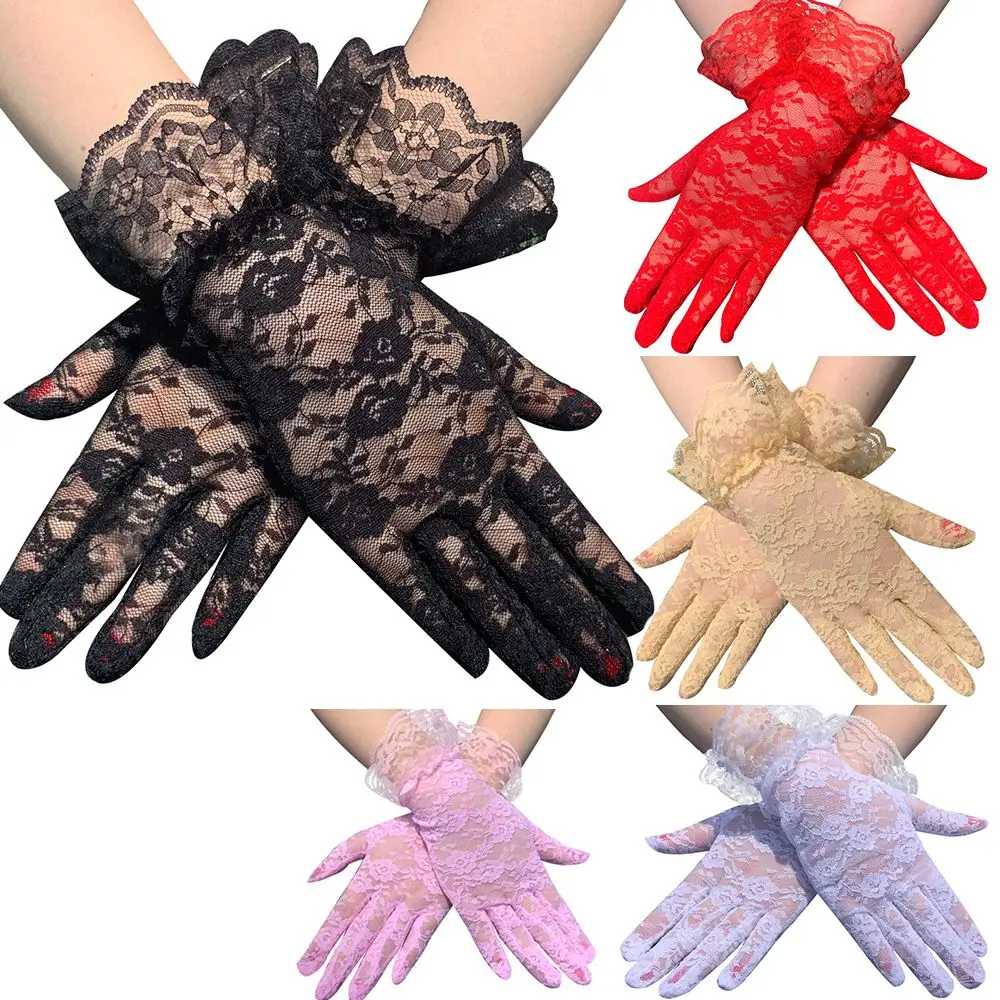 Women Sunscreen Wedding White Bride Gloves Lace Gloves Rose Flower Pattern Party Dressy Gloves