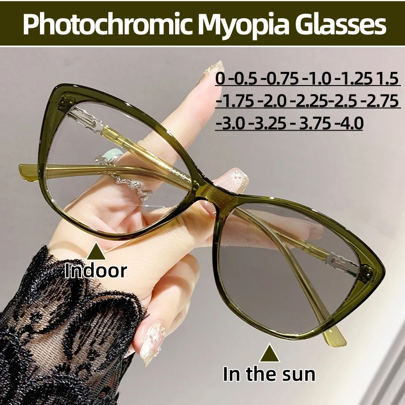 

Luxury Photochromic Myopia Glasses for Women Cat Eye Sunglasses Fashion Color Changing Near Sight Eyewear with Prescription