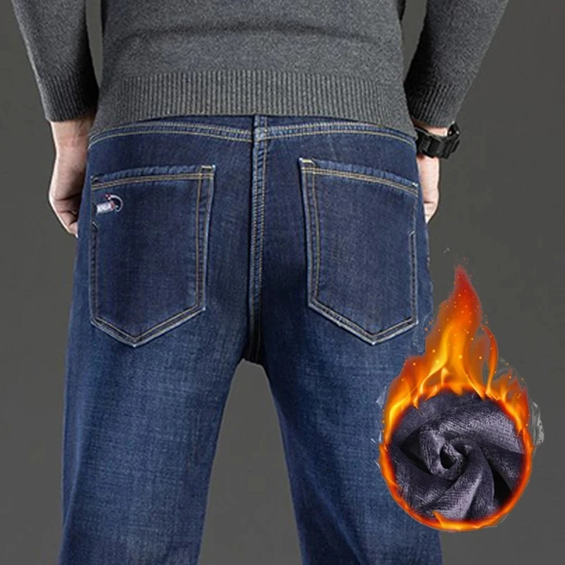 Mannen Herfst Winter Fleece Gevoerde Verdikte Jeans Mannelijke Mode Elasticiteit Denim Broek Warme Losse Rechte Casual Broek