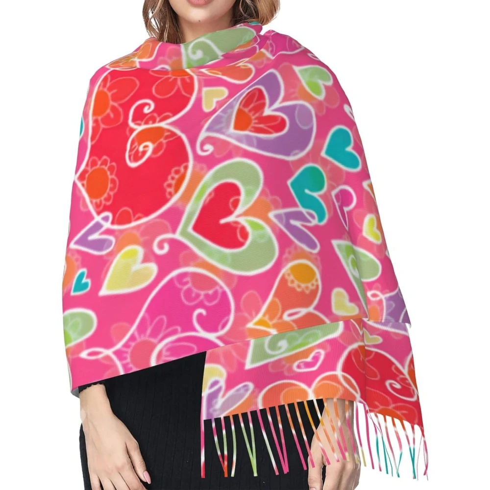 

Красочные кашемировый шарф с бахромой в виде сердечек и цветов на День святого Валентина, осенние и зимние шелковые шарфы для путешествий, декора для праздничной вечеринки