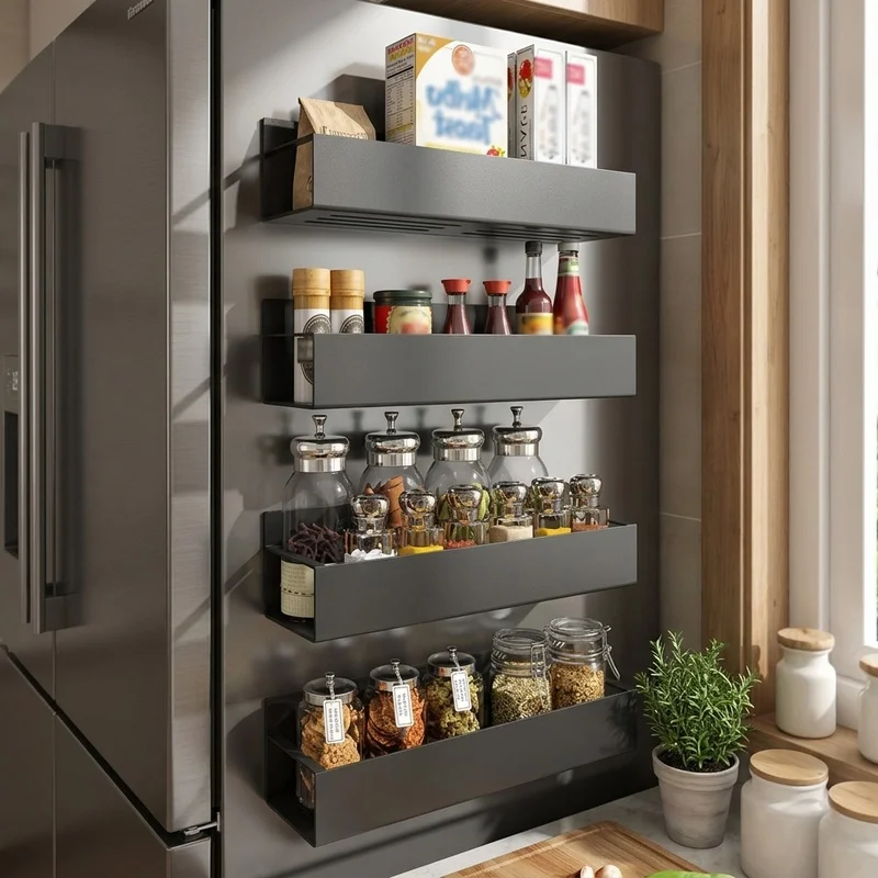 Magnetic Refrigerator Side Shelf Black Iron Spice Rack Storage Organizer Space Saving Kitchen Seasoning Bottle Holder