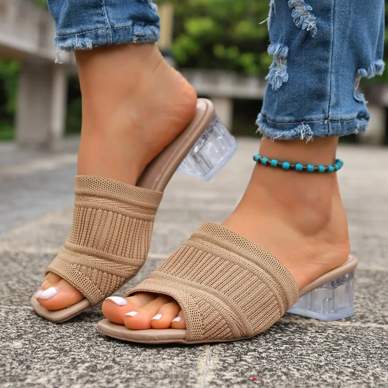 Sommermuster-Strickpantoffeln, quadratische Zehenpartie, Blockabsatz, Damen-High-Heel, kühles Wischen, Übergröße