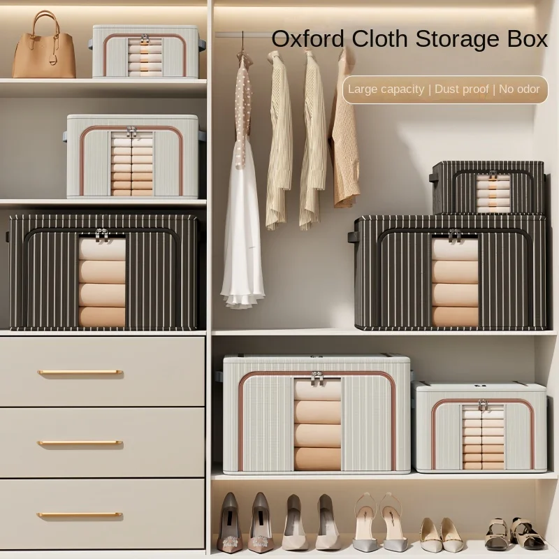 Oxford Striped Wardrobe Organizer - Home/Clothing Storage Box with Handle and Window, Steel Frame - Waterproof - Foldable (60cm)