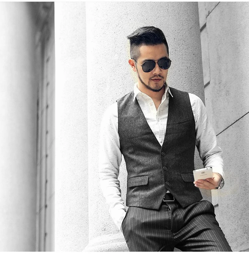 D9568 Autumn new men's British retro herringbone pattern slim fit large size suit vest wool casual vest trendy men