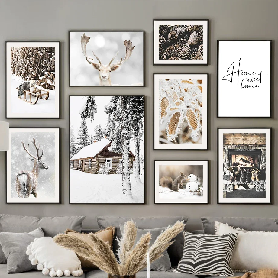 Arte de pared en lienzo con diseño de ciervos y ardillas en un bosque de pino nevado, estilo nórdico, para sala de estar, pós