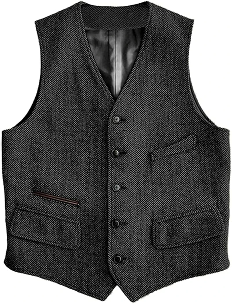 Mens Vintage Classic Herringbone Pattern Suit Vest V Neck Casual Wool Blend Waistcoat for Men