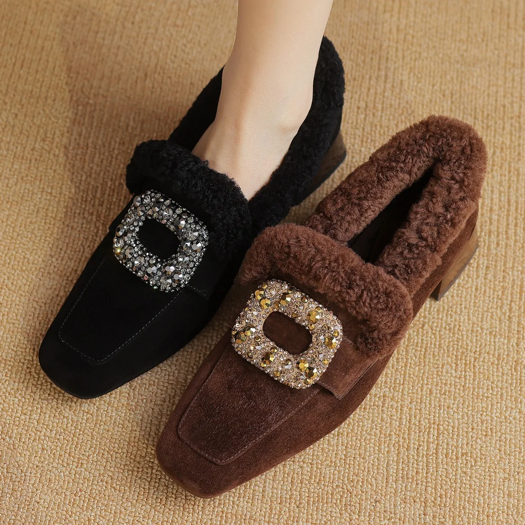 Women\'\'s natural suede leather wool inside crystal buckle square toe slip-on winter flats loafers high quality cold weather shoe