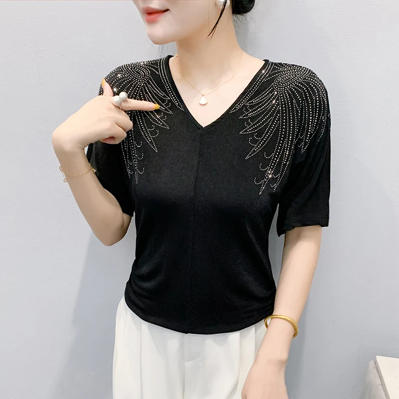 Noir, nouveau, été, coréen, Style, T-Shirt, Chic, Sexy, col en v, Patchwork, brillant, diamants, femmes, hauts, manches courtes, tous assortis, t-shirts, 563003