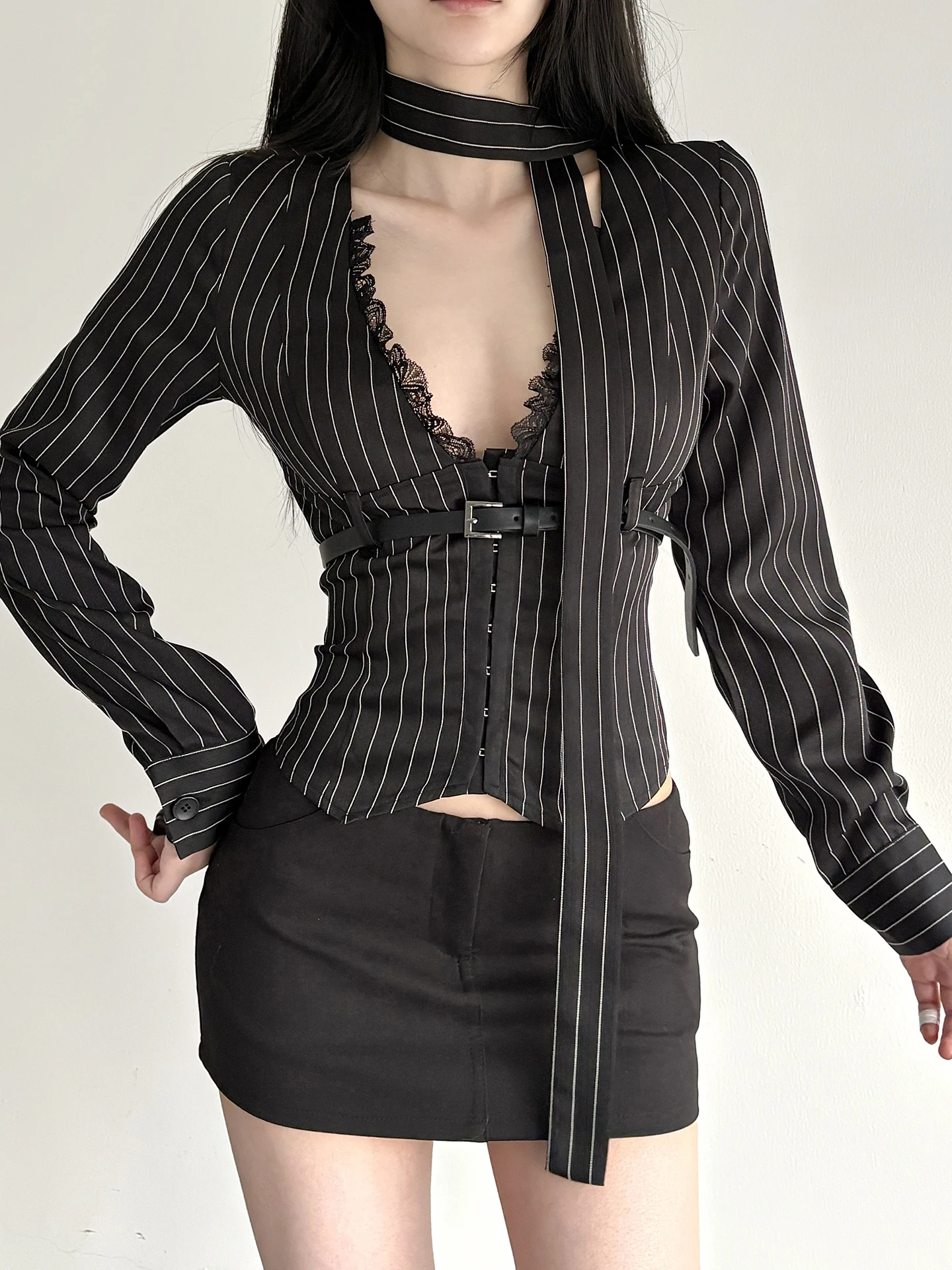 

WEEKEEP Sexy Long Sleeve Lace Patchwork Striped Slim Fit Shirt V-Neck Street Style Polyester Spandex Blend Casual Top