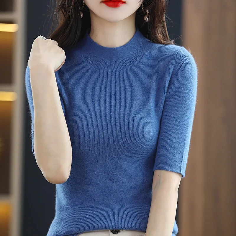 New Half turtleneck cashmere Sweater Female Pullover Short-Sleeved Sweater  Women\'s Short Sleeve