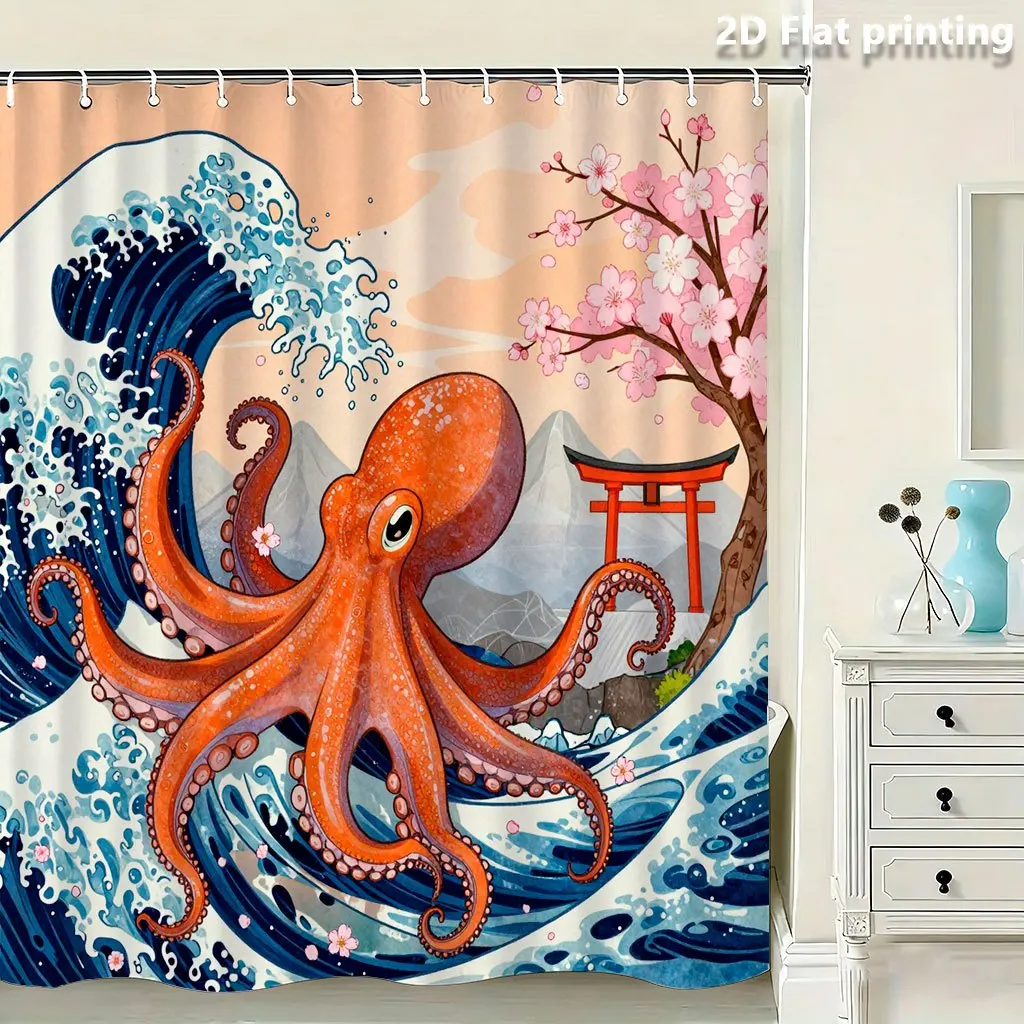 シャワーカーテン-71x71インチ-タコと桜の波と鳥居の門-–-日本の浮世絵風、防水ポリエステル、グロメットトップ