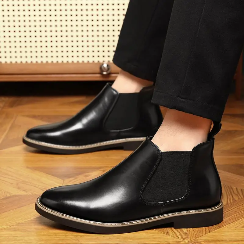 Men Chelsea Boots Pointed Toe British Retro Leather Ankle Boots Fashion Trend Korean Style Short Boots Large Size