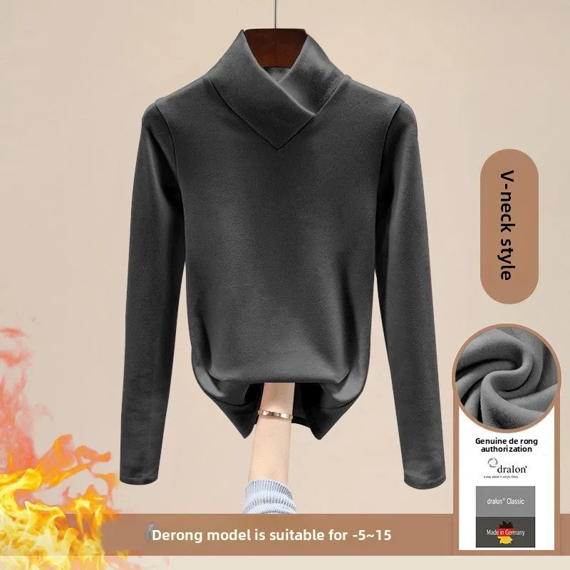 Donna Autunno Inverno Ispessimento Caldo T-shirt a maniche lunghe Colletto a V Biancheria intima termica Moda Collo alto Slim Top termico M-4XL