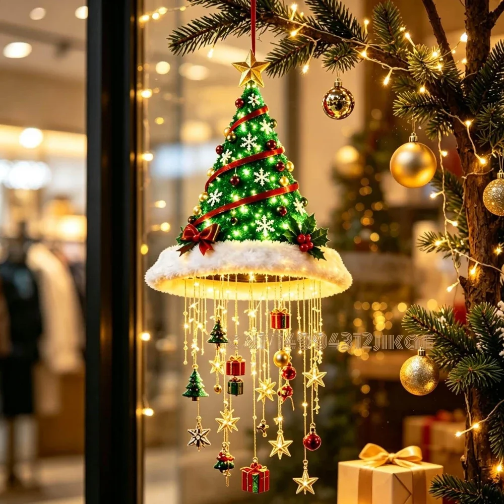 Glowing Santa Hat Hanging Chandelier, Warm LED Lighted,Cascading String Lights for Porch Holiday Party Home Decoratio - view 3