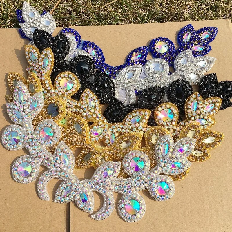 Gorgeous blue gold AB glass crystal applique black yellow rhinestone flower collar neckline for garment decoration fashion trims