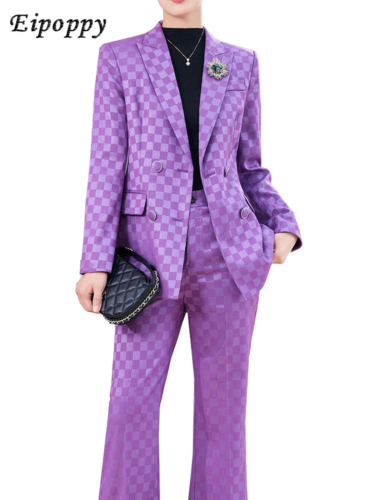 

Fashion Ladies Formal Pant Suit Women Purple Pink Black Plaid Jacket And Trouser Female Business Work Wear 2 Piece Blazer Set