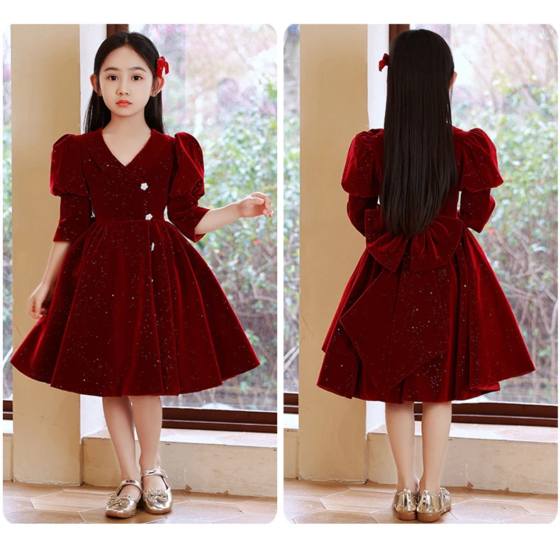 

Children's New Autumn and Winter Girls' Princess Dress Wine Red Long sleeved Velvet Dress