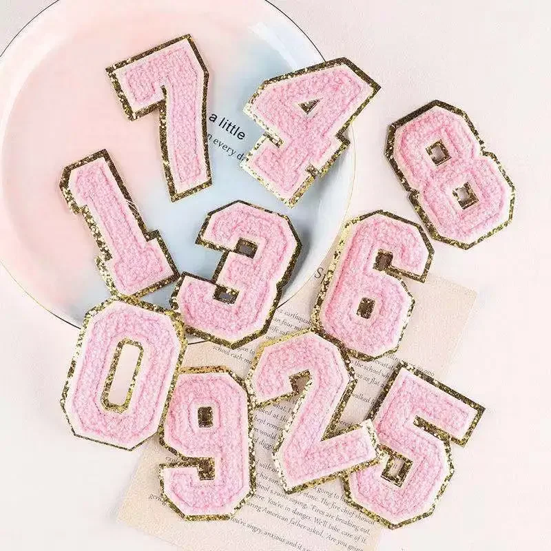 1pcs 8CM Pink Chenille Number Patches Iron on Towel Embroidered Felt Glitter Sequins Heat Adhesive DIY Accessory