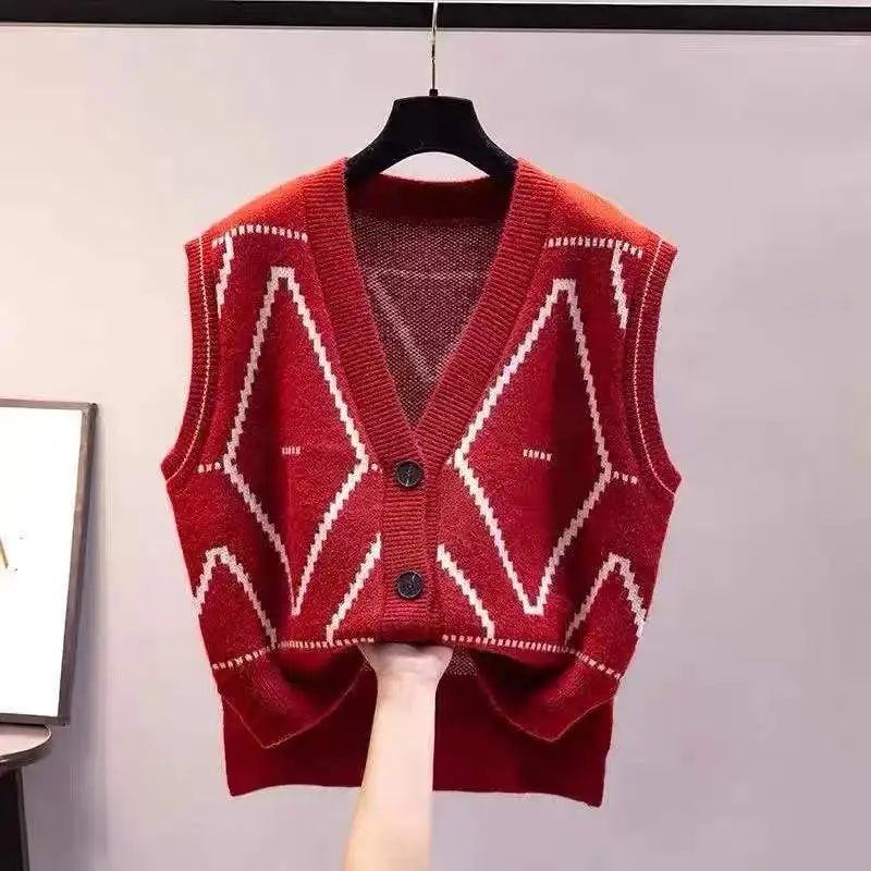

Женский вязаный жилет-кардиган с V-образным вырезом, на пуговицах, в клетку, стандартной длины, для повседневной носки, весенняя мода