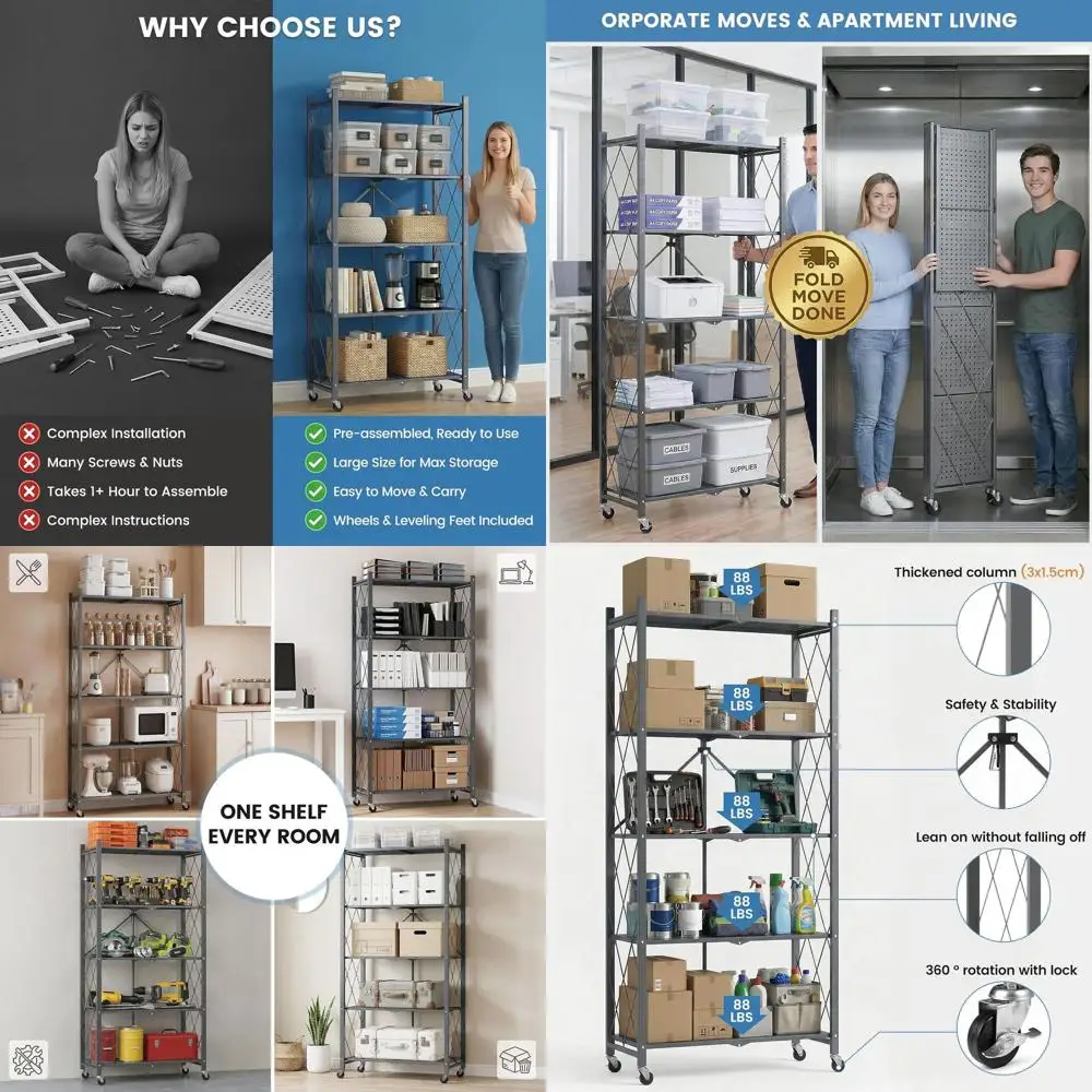 

70.7 5-Tier Heavy-Duty Metal Storage Shelves on Wheels, Rolling, Collapsible, Ideal for Kitchen, Basement, Pantry (Gray, 4 Pack)