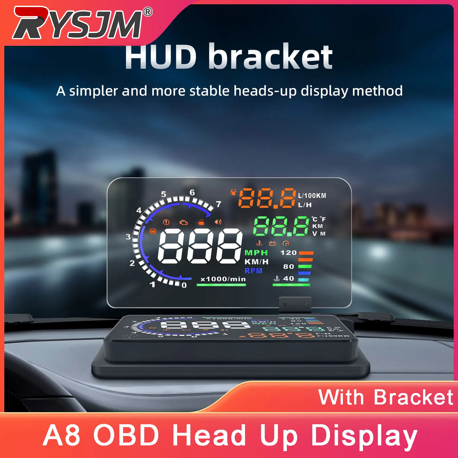 

Проекционный дисплей A8 на лобовое стекло с кронштейном, OBD HUD, тахометр, датчик температуры воды, измеритель напряжения