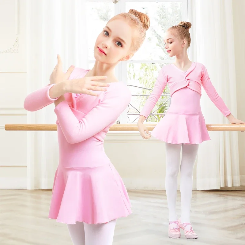 Robe de ballet à manches longues pour filles, optique classique, haut rond, intérieur en velours, cardigan d'échauffement d'hiver, haussement d'épaules pour tout-petits, nœud avant, couverture