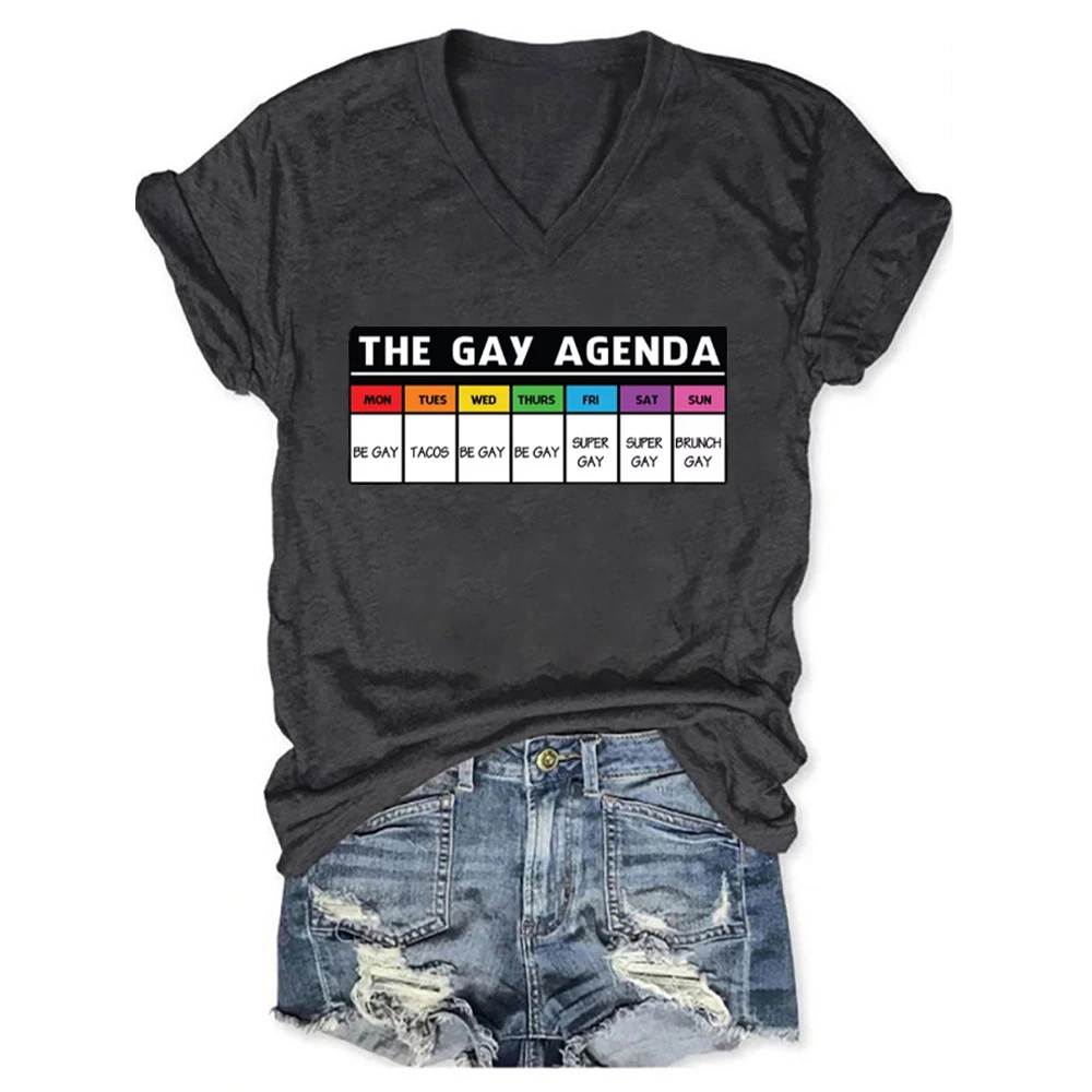 Rheaclots The Gay Agenda Rainbow Skeleton Printed V-neck Short Sleeve T-Shirt