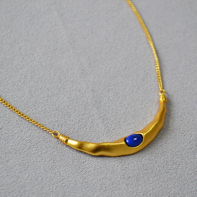 Unique design lapis lazuli hook moon personality necklacefor women summer delicate clavicle chain