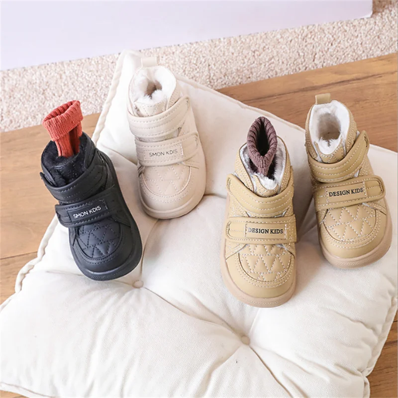 2023 New Winter Baby Boots Leather Double Hook&Loop Toddler Kids Shoes Warm Plush Non-slip Fashion Little Boys Girls Snow Boots