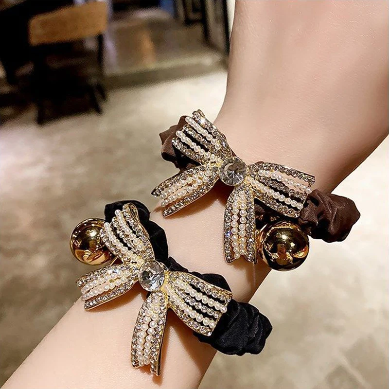 Fashion Imitation Pearl Rhinestone Bowknot Hair Rope Elegant Solid Color Bow Hair Ring Women Girls Ponytail Bun Hairband Gifts